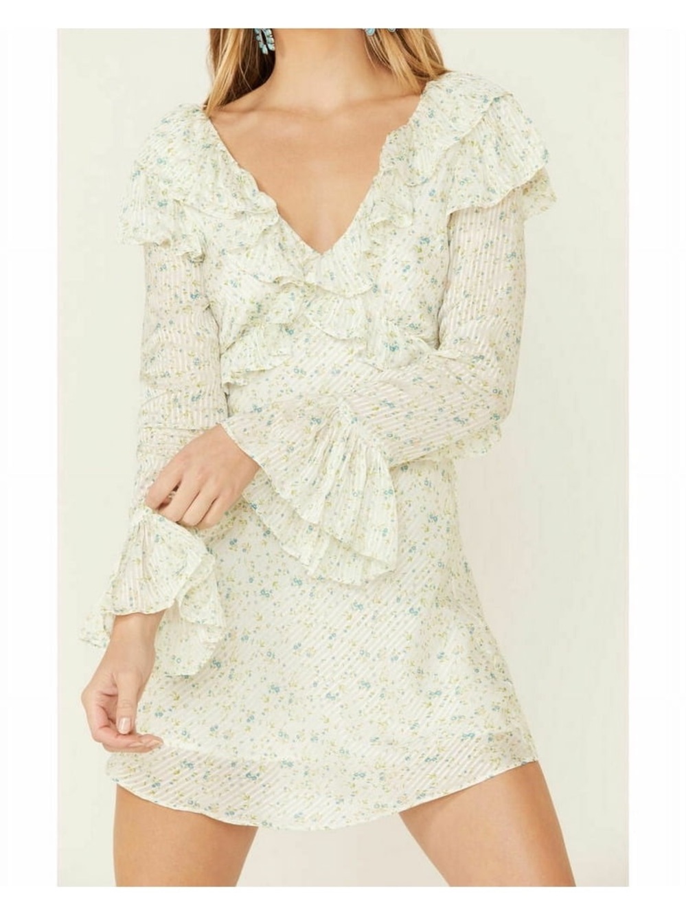 •FREE PEOPLE• Sweetest Thing Mini Dress Ivory Combo Floral Ruffle Boho Size 4